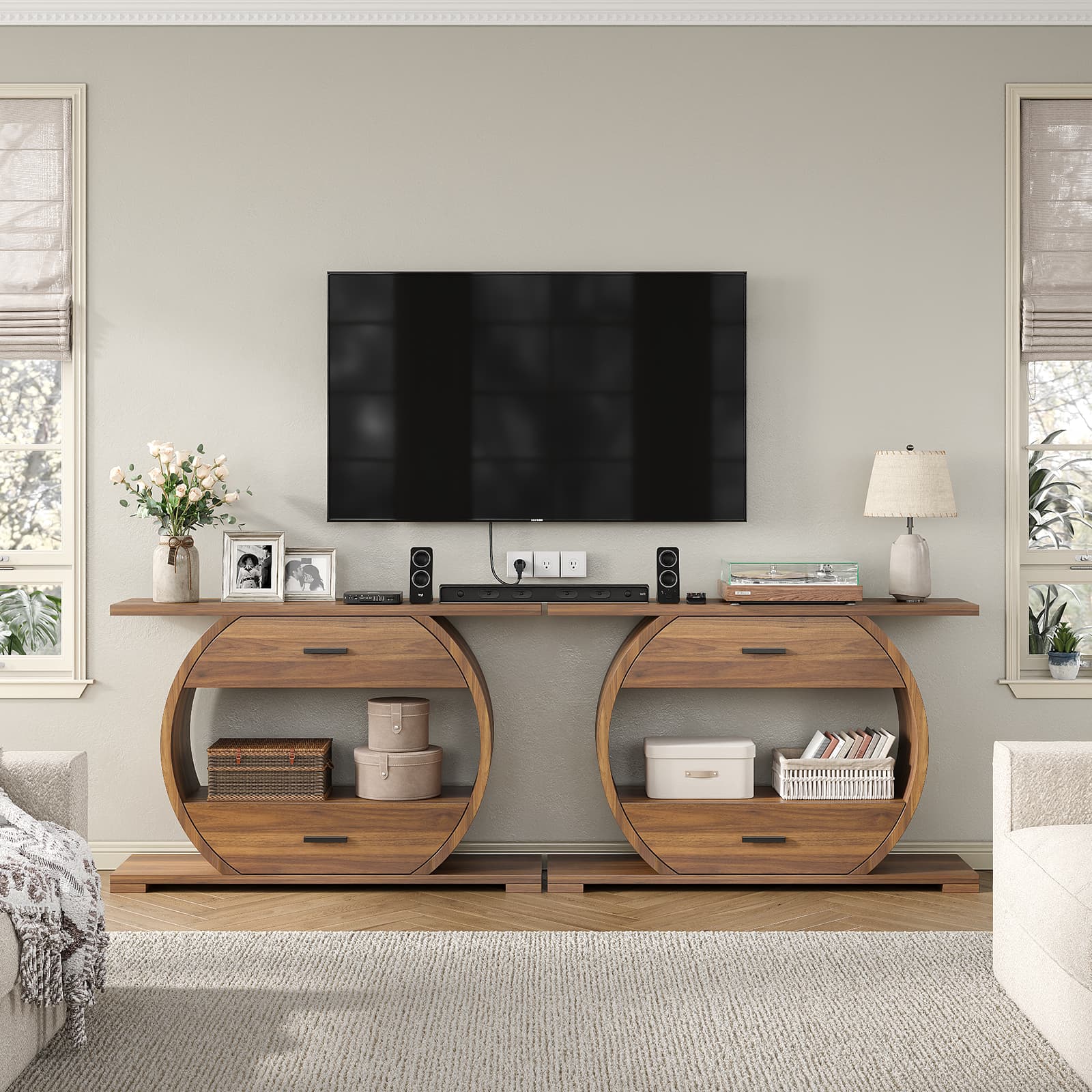 Yanosaku ST004 47" O-Shaped Console Table with 2 Drawers, Brown