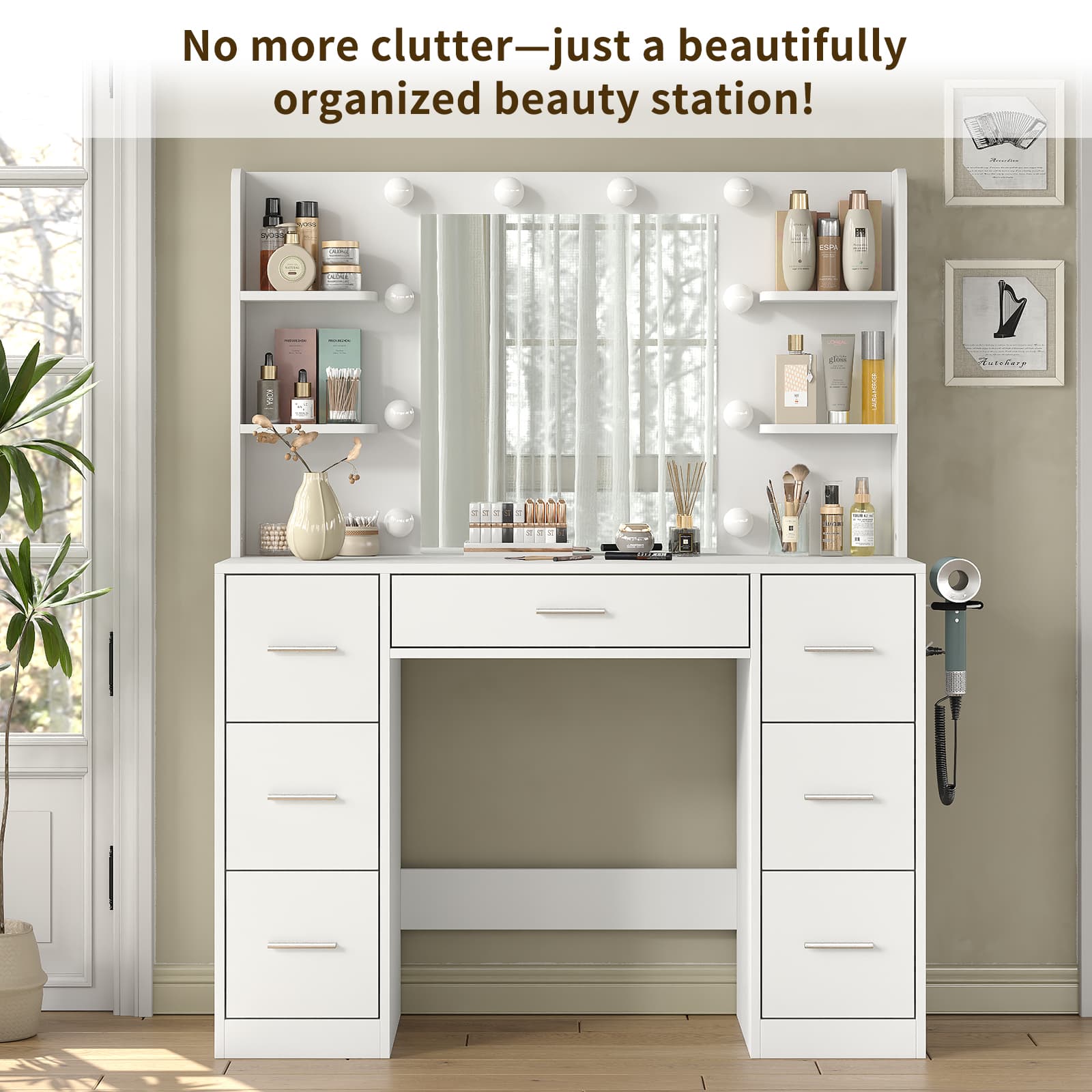 Yanosaku VD024 Vanity Desk with Mirror, LED Lights & Charging Station, 7 Drawers Storage