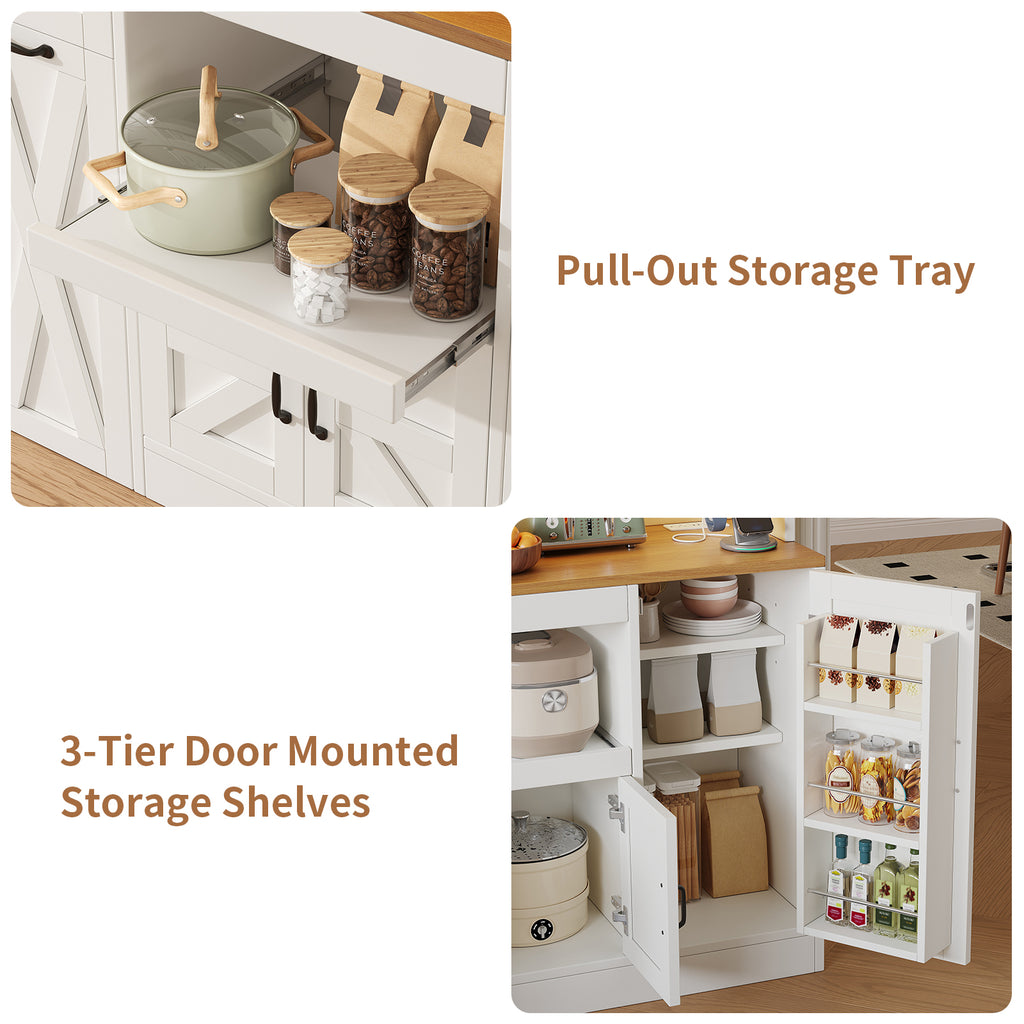 71" Tall Kitchen Pantry Cabinet with Charging Station & LED Lights, Farmhouse Hutch with Pull-Out Tray, Storage Cart, Drawer & Adjustable Shelves, White