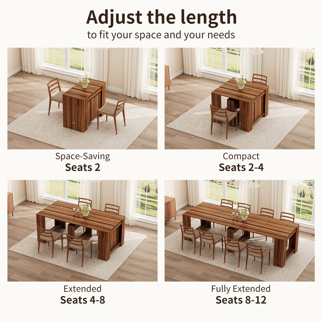 Extendable Dining Table for 2-12 People, Expandable Space-Saving Kitchen Table with Built-In Leaf Storage for Small Spaces