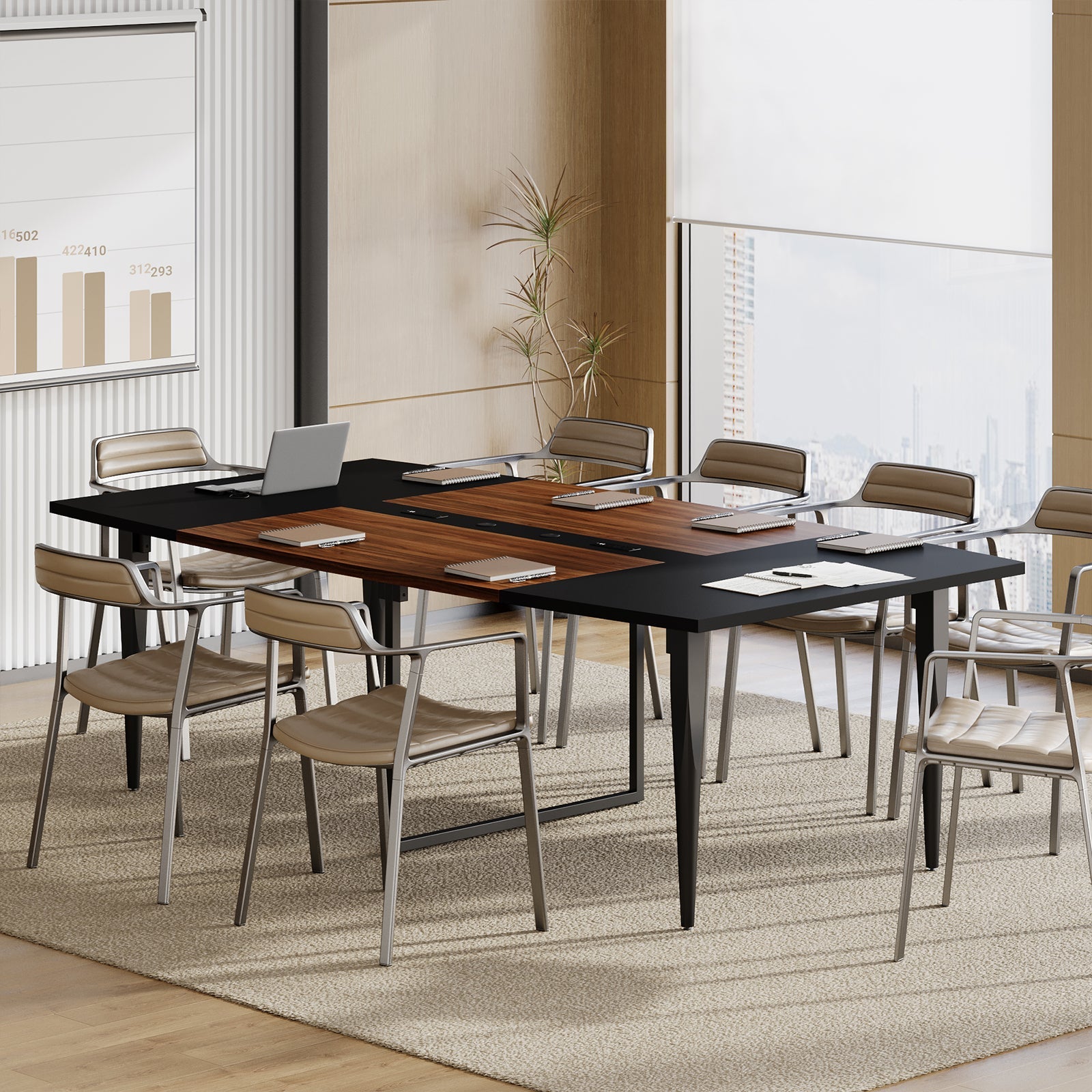 8FT Conference Table with Power Hubs, Large Meeting Table for 8-10 People- Vektaya - VektayaTableDT006-BR