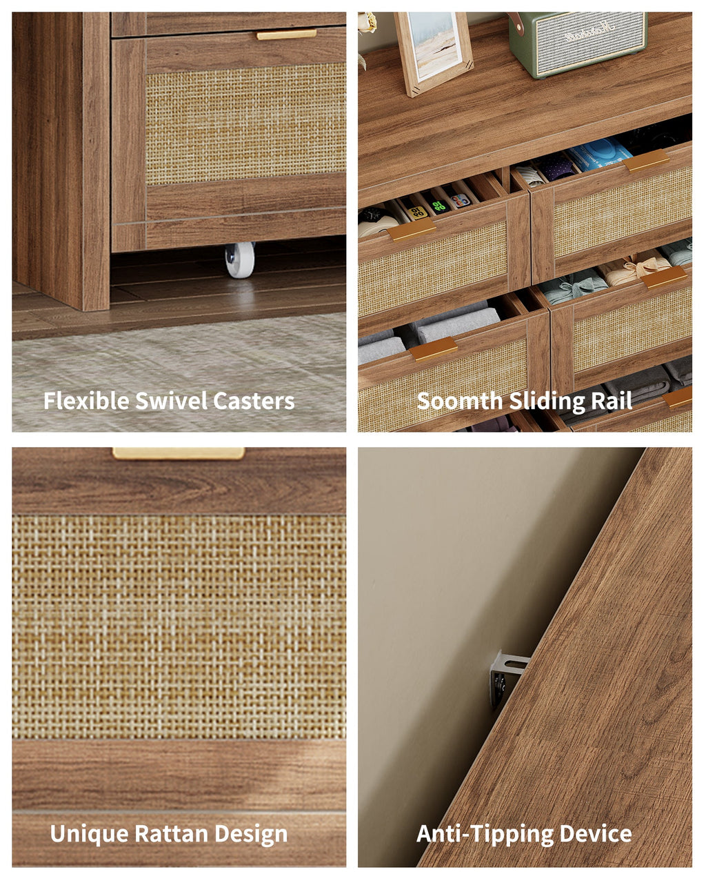 9 Drawers Dresser for Bedroom, 57” Rattan Dresser with Ample Storage, - VektayaDresserDS012