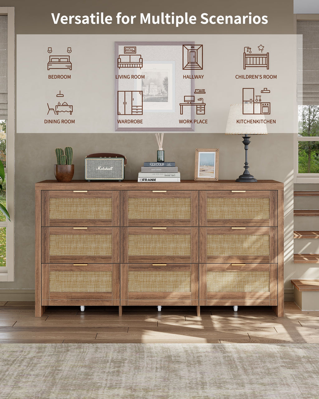 9 Drawers Dresser for Bedroom, 57” Rattan Dresser with Ample Storage, - VektayaDresserDS012