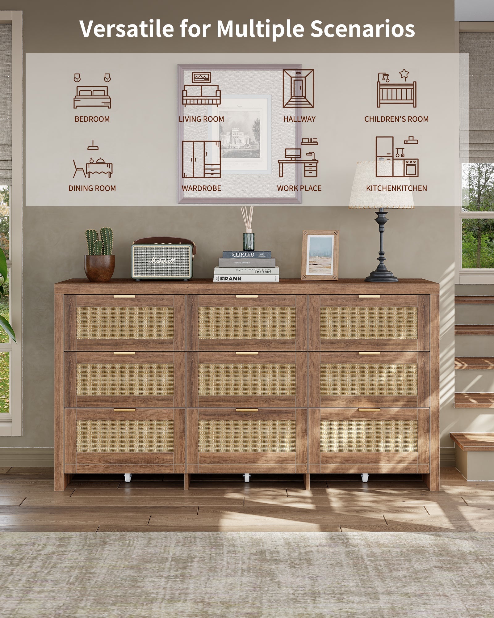 9 Drawers Dresser for Bedroom, 57” Rattan Dresser with Ample Storage, - VektayaDresserDS012