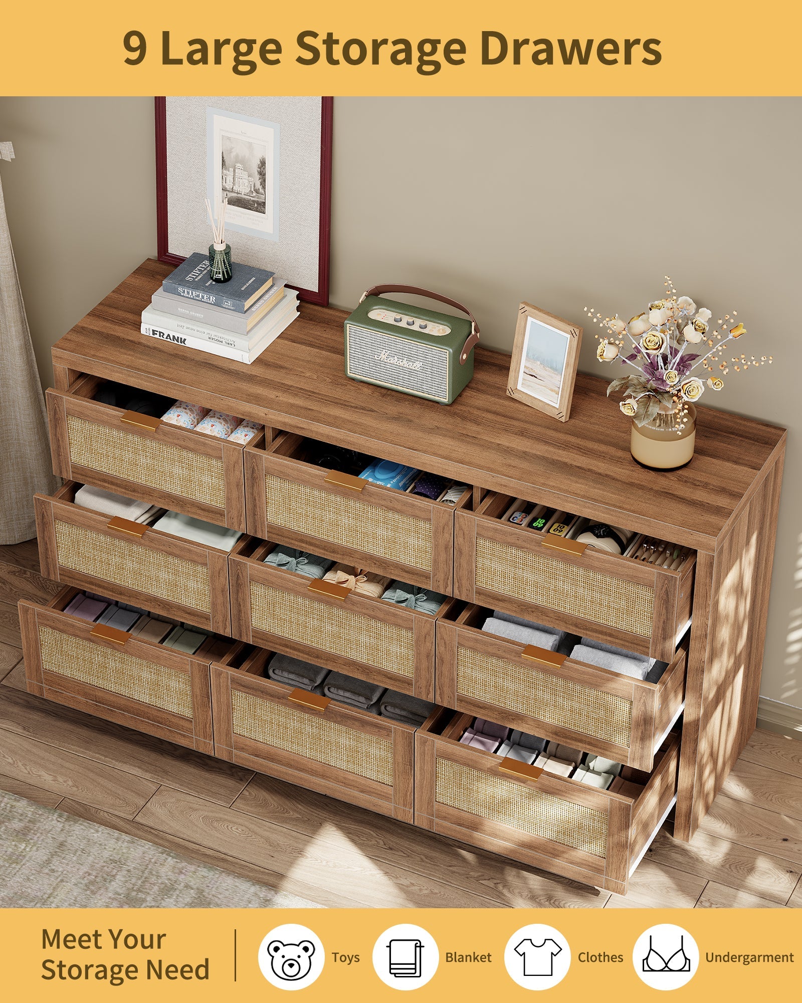 9 Drawers Dresser for Bedroom, 57” Rattan Dresser with Ample Storage, - VektayaDresserDS012