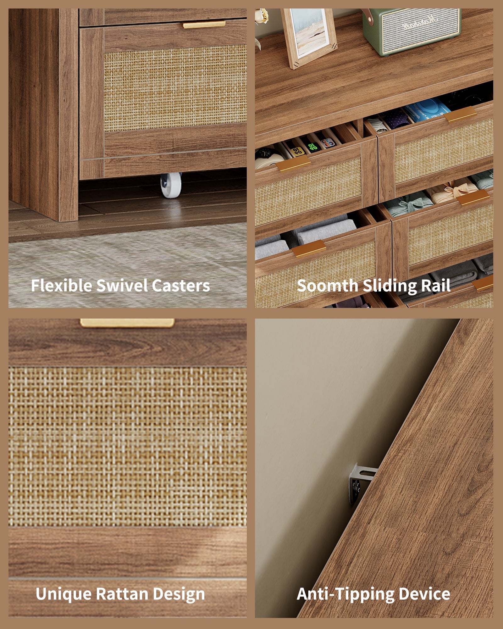 9 Drawers Dresser for Bedroom, 57” Rattan Dresser with Ample Storage, - VektayaDresserDS012
