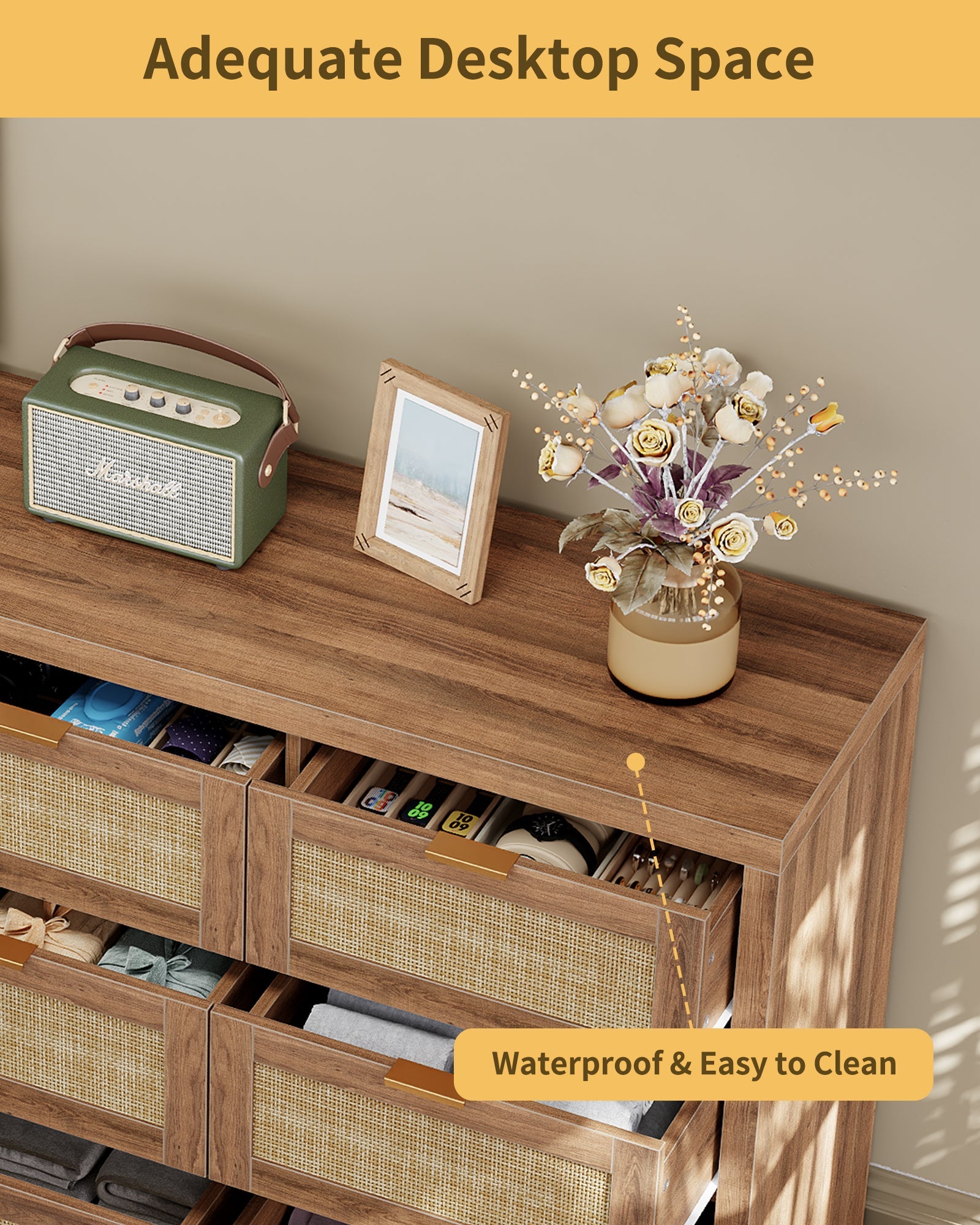 9 Drawers Dresser for Bedroom, 57” Rattan Dresser with Ample Storage, - VektayaDresserDS012