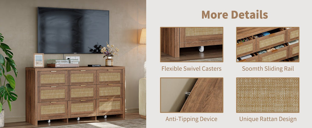 9 Drawers Dresser for Bedroom, 57” Rattan Dresser with Ample Storage, - VektayaDresserDS012
