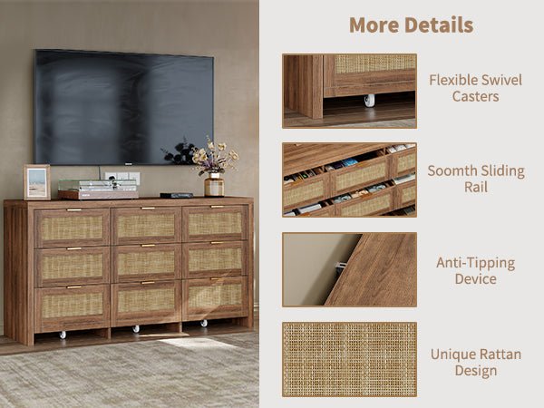 9 Drawers Dresser for Bedroom, 57” Rattan Dresser with Ample Storage, - VektayaDresserDS012