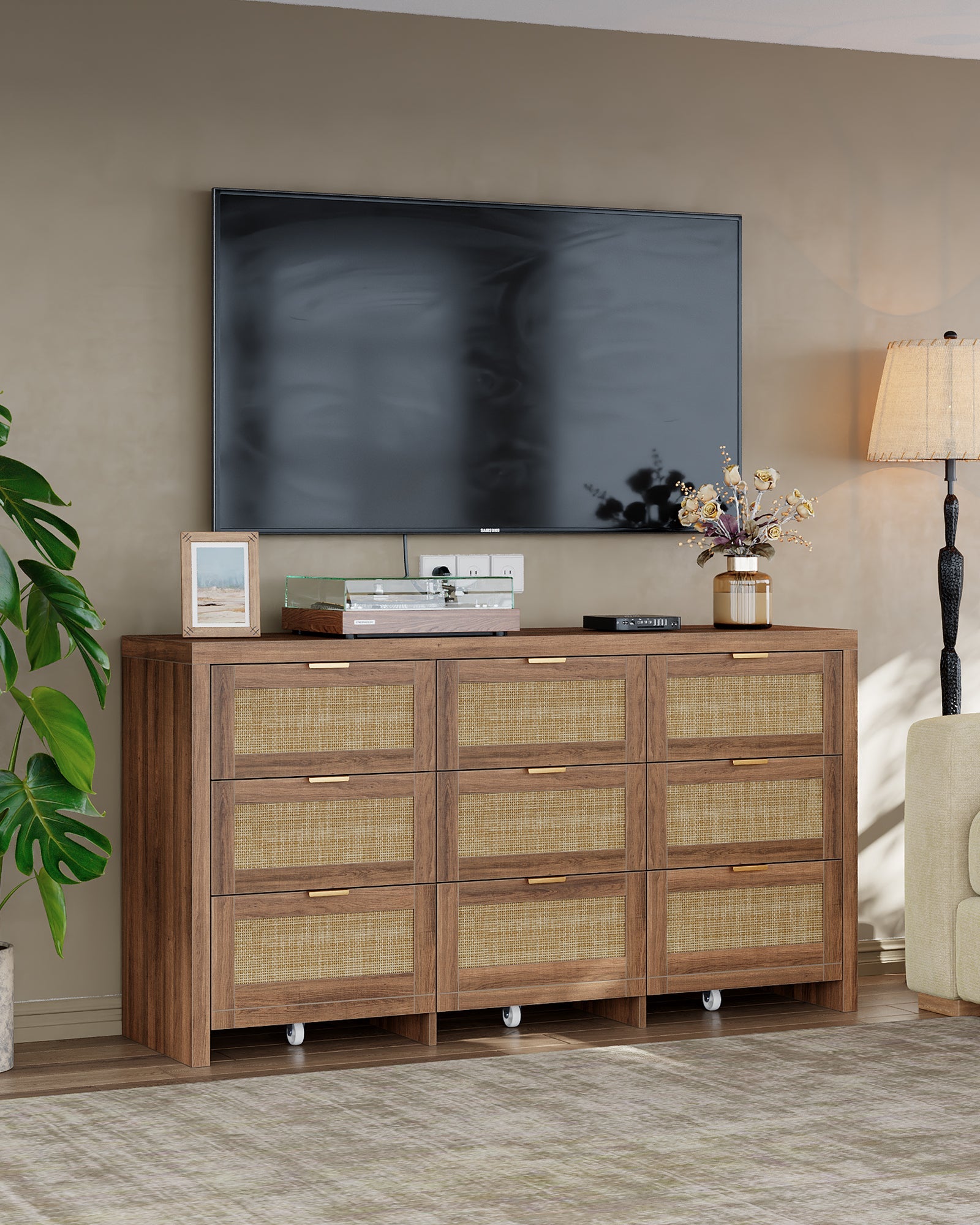 9 Drawers Dresser for Bedroom, 57” Rattan Dresser with Ample Storage, - VektayaDresserDS012