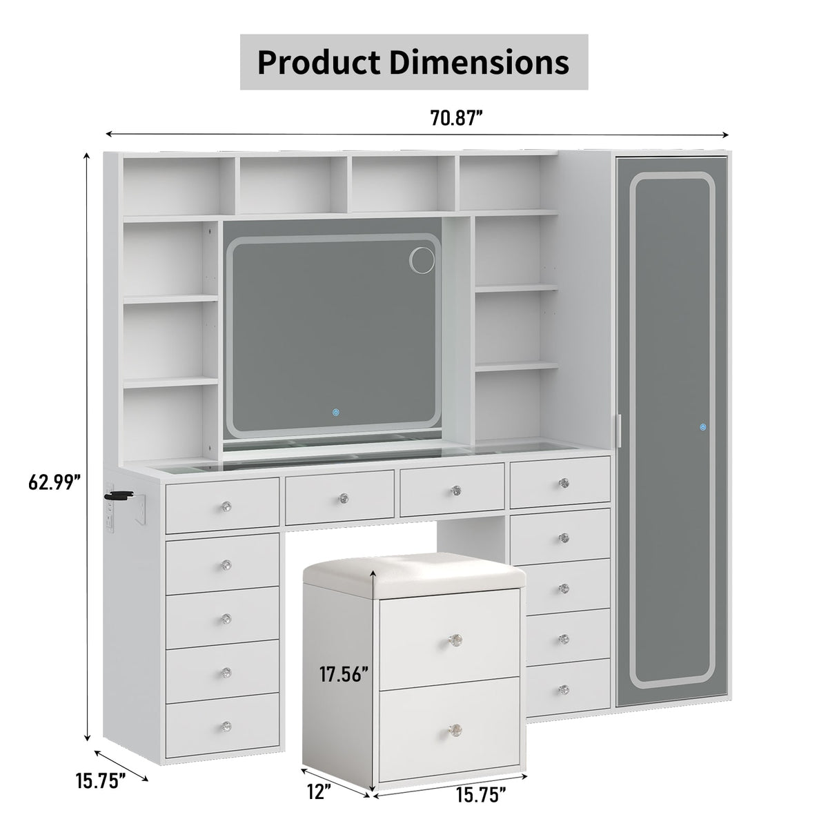 Yanosaku VD023 Vanity Desk with LED & Full-Length Mirror, 14 Drawers, 10 Shelves, White