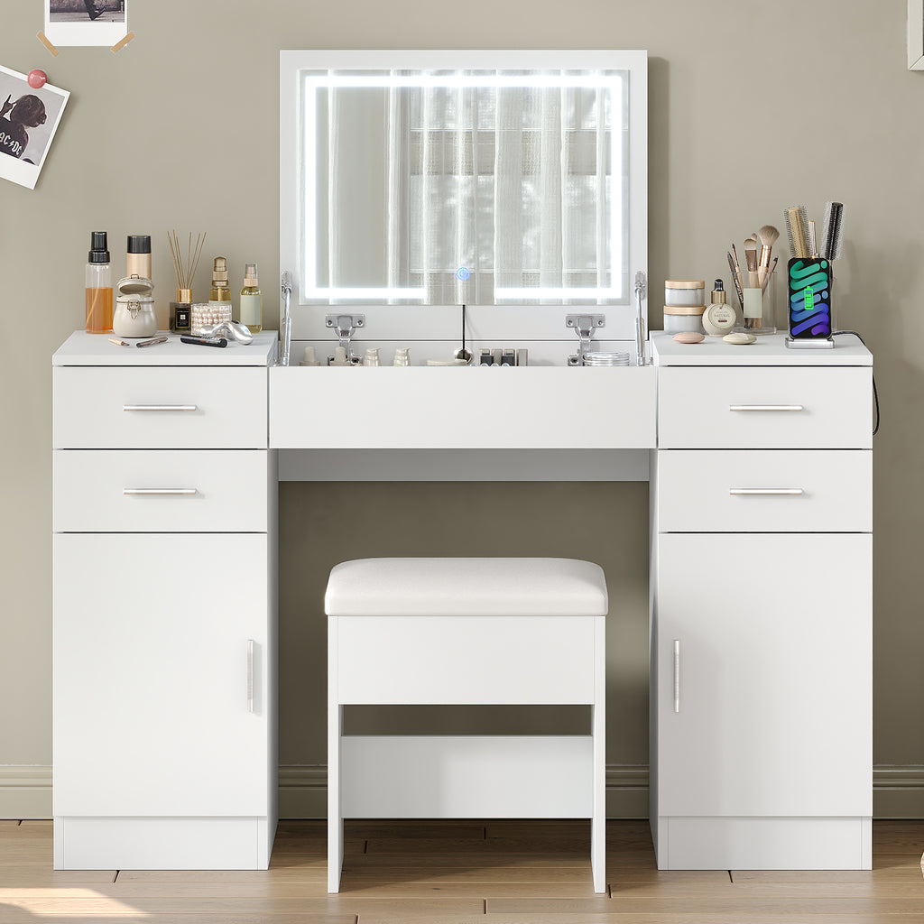47.2" Flip Top Makeup Vanity Desk with LED Mirror, Power Outlet, 4 Drawers, 2 Cabinets & Stool, White