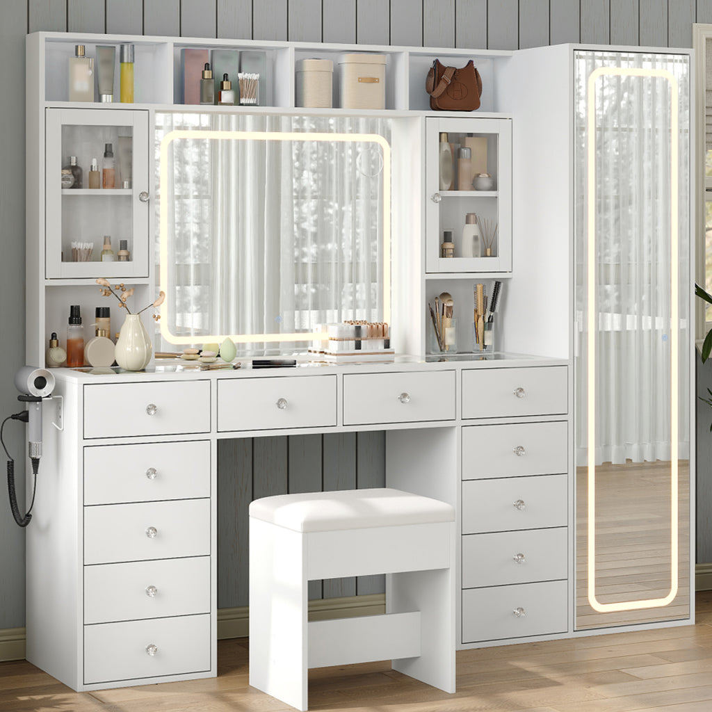 71" W Extra-Large Vanity Desk with Full-Length & LED Makeup Mirrors, 12 Drawers, 2 Cabinets, Power Outlet, 3-Color Dimmable Lights & Stool, White