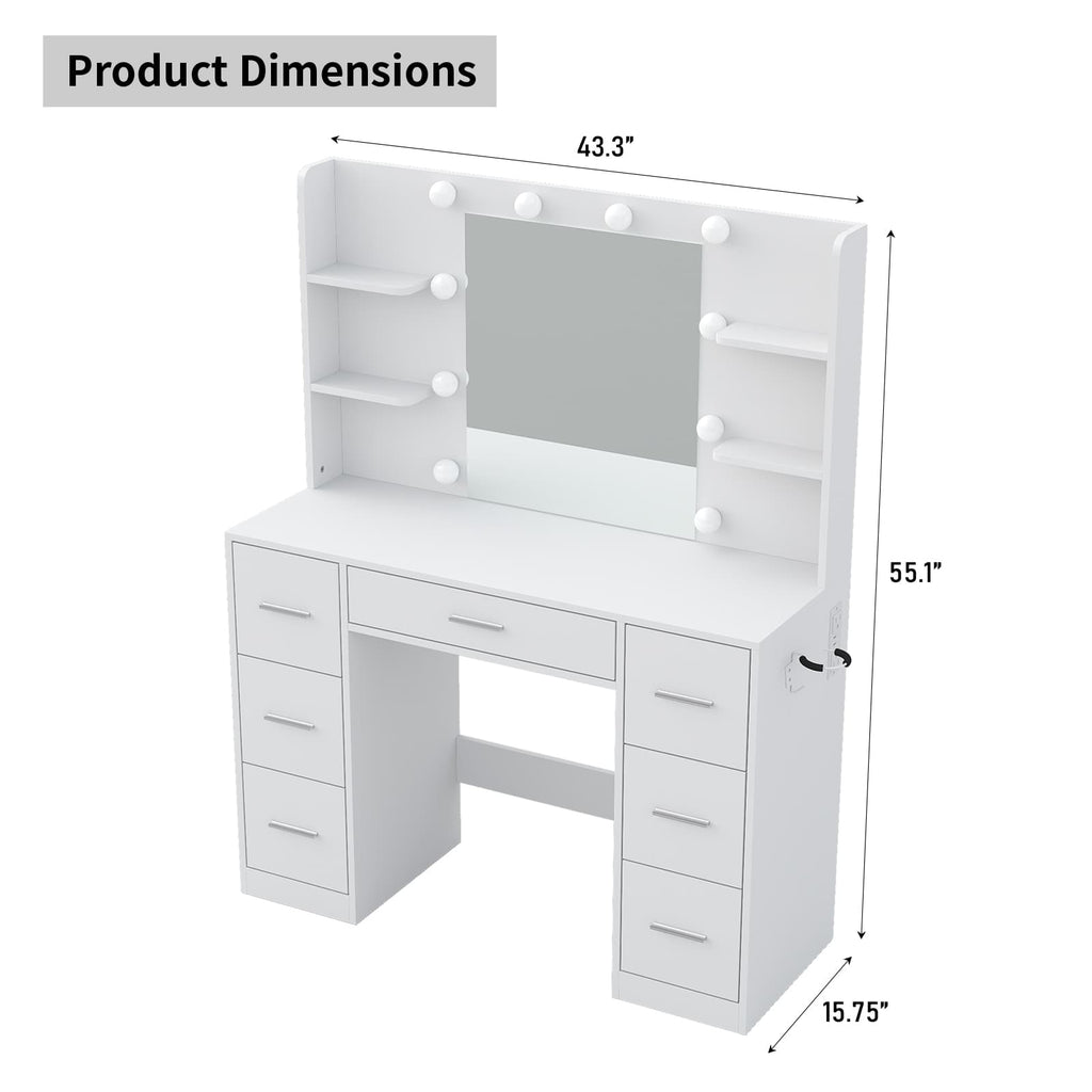 Yanosaku VD024 Vanity Desk with Mirror, LED Lights & Charging Station, 7 Drawers Storage