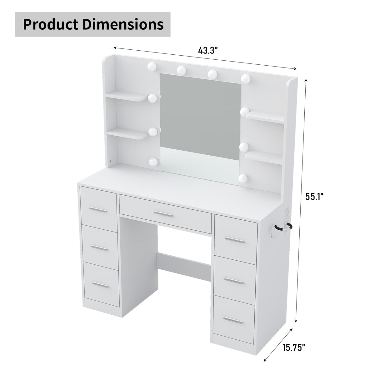 Yanosaku VD024 Vanity Desk with Mirror, LED Lights & Charging Station, 7 Drawers Storage