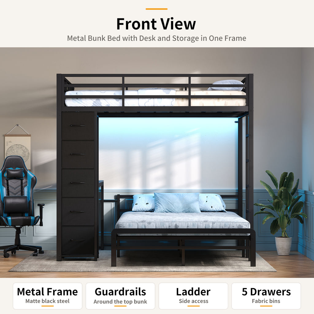 Full Over Full L-Shaped Metal Bunk Bed with Desk, LED Lights, Charging Station & Storage Drawers, Black