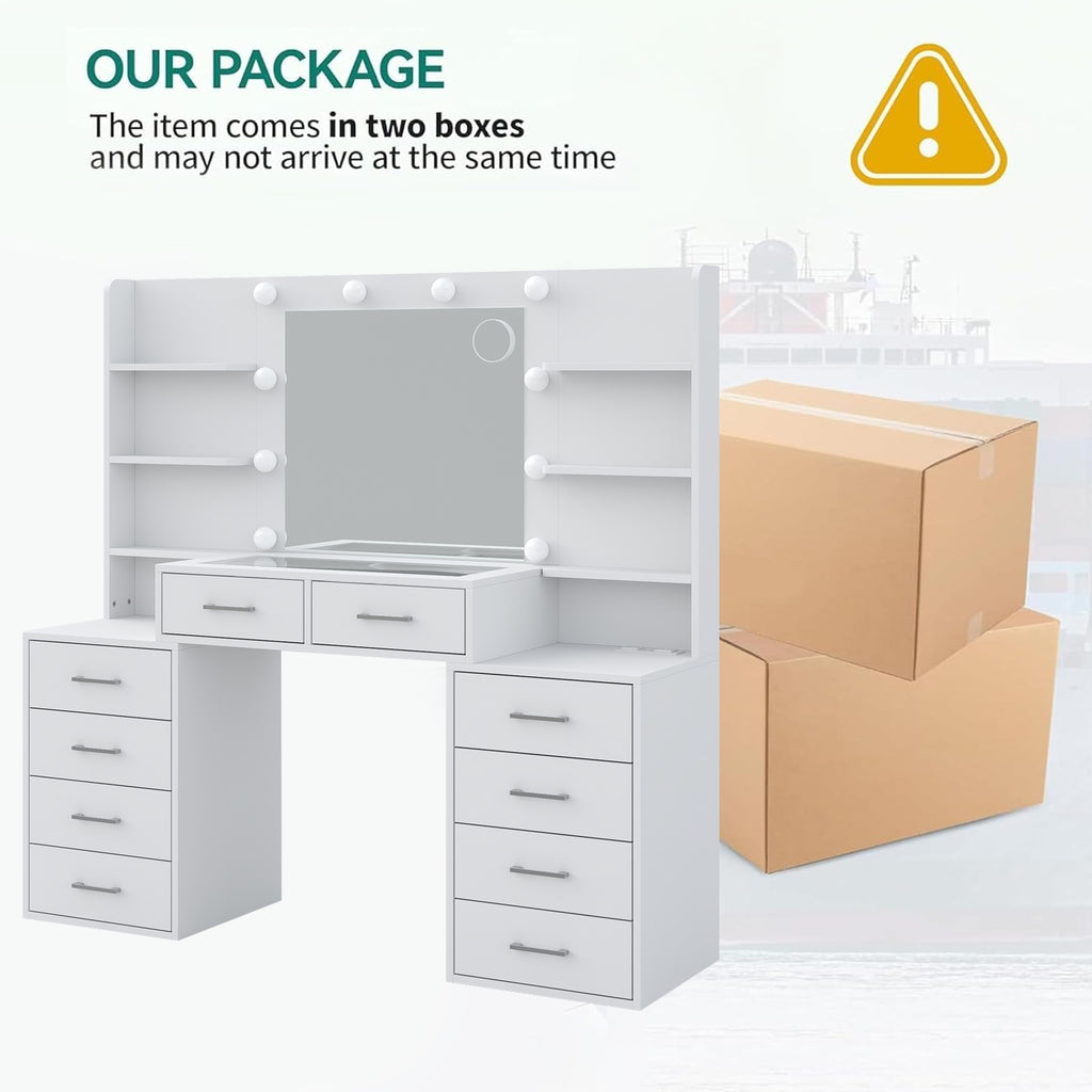 59" W Large Makeup Vanity Desk with LED Mirror, 8 Drawers & 2 Cabinets, Glass Top, Power Outlet, 3-Color Dimmable Lights & Chair for Bedroom