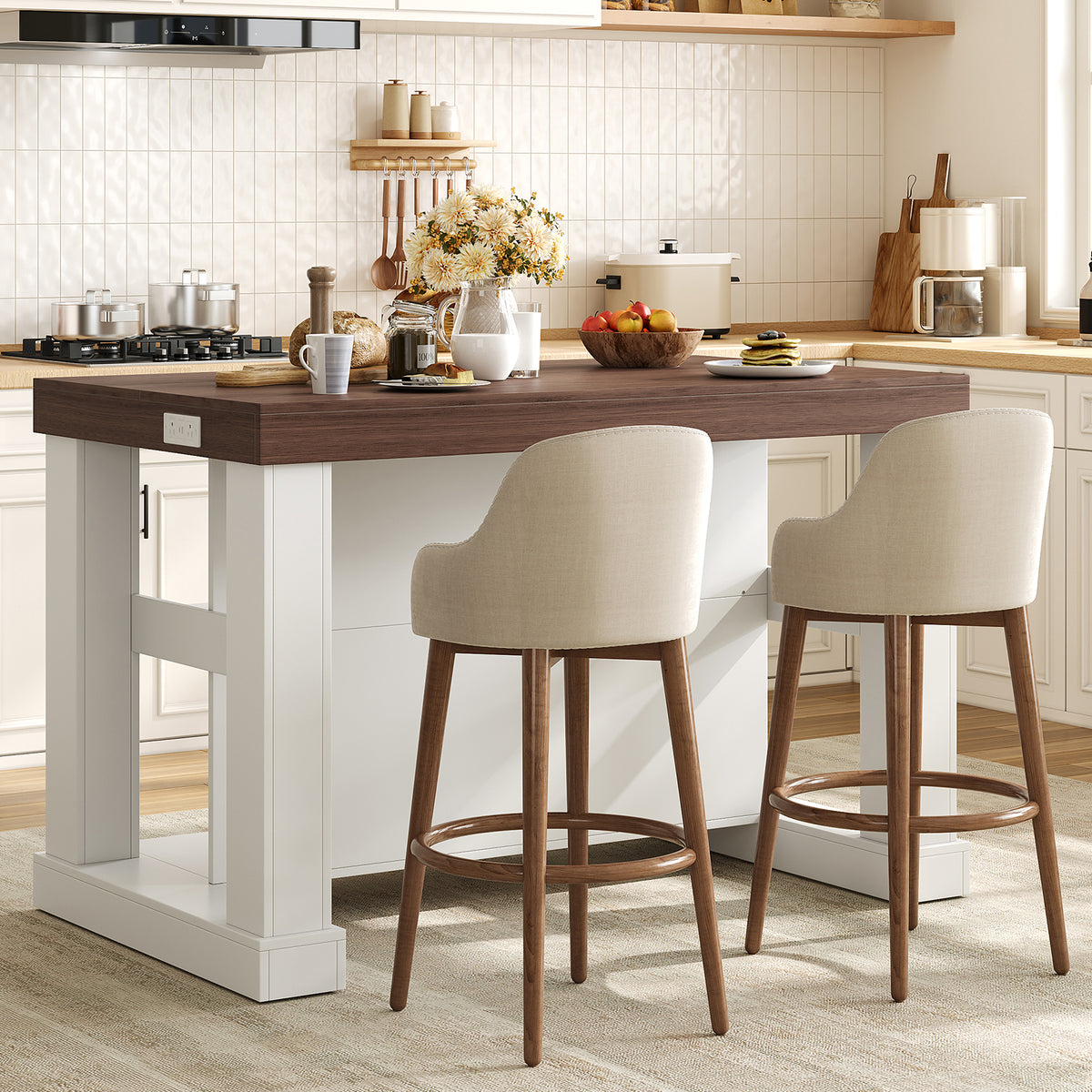 55" W Kitchen Island with Storage & Seating, Farmhouse Kitchen Island Table with Power Outlets, Open Shelves & Large Countertop, 3-Tier Coffee Bar, Walnut & White
