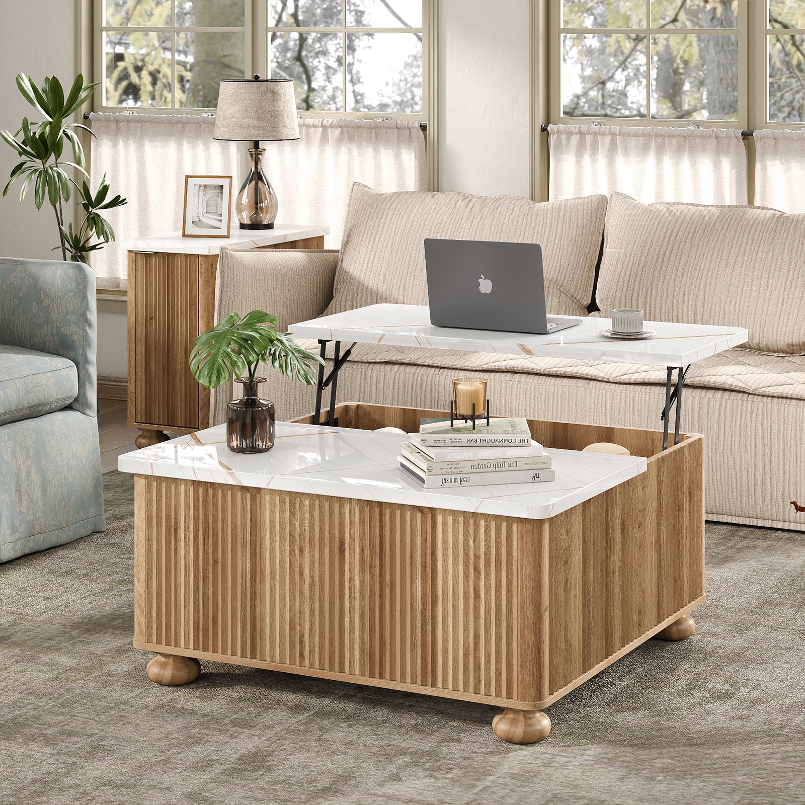 Yanosaku CT001 Lift Top Coffee Table with Storage, Square Coffee Tables with Faux-Marble Top for Living Room, Living Room Center Tables with Large Hidden Space for Bedroom, Home Office