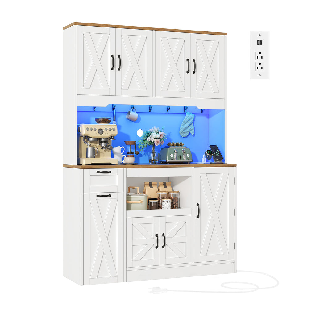 71" Tall Kitchen Pantry Cabinet with Charging Station & LED Lights, Farmhouse Hutch with Pull-Out Tray, Storage Cart, Drawer & Adjustable Shelves, White