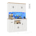 71" Tall Kitchen Pantry Cabinet with Charging Station & LED Lights, Farmhouse Hutch with Pull-Out Tray, Storage Cart, Drawer & Adjustable Shelves, White
