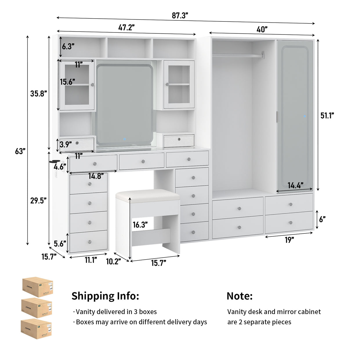 87" W Large Vanity Desk with LED Mirror & Wardrobe, Spacious Makeup Vanity Table with Ample Storage, White