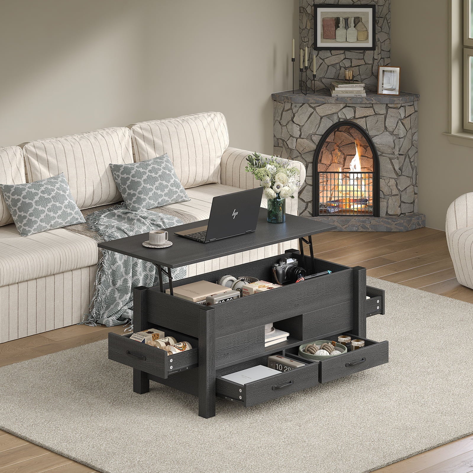 Yanosaku CT002 Lift Top Coffee Table with 4 Drawers & Hidden Compartment, Modern Farmhouse Black