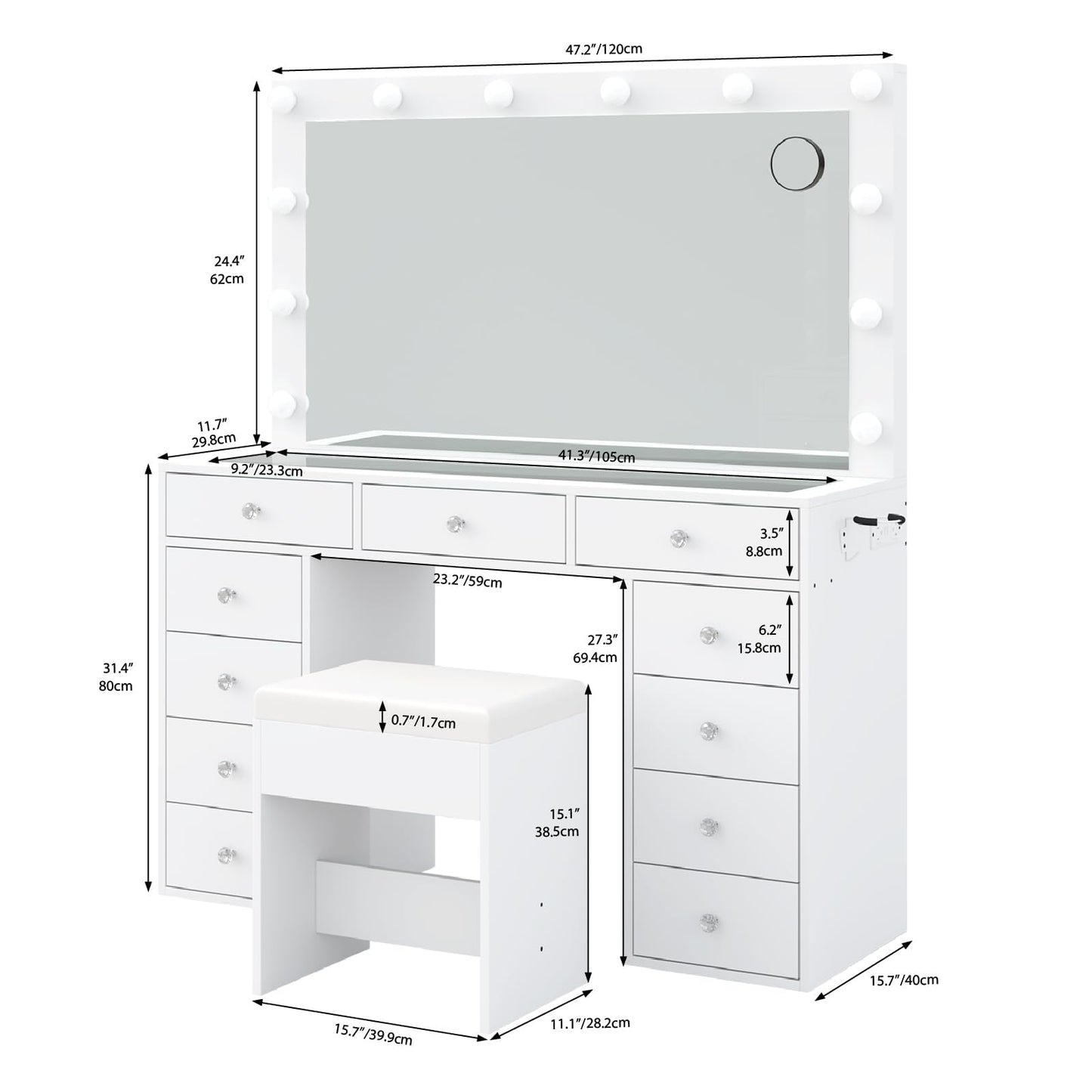 Yanosaku Modern White Makeup Vanity Set Table with Stool & LED Mirror 11 Drawers Luxury - Yanosaku SotreFurnitureVD003 - WH