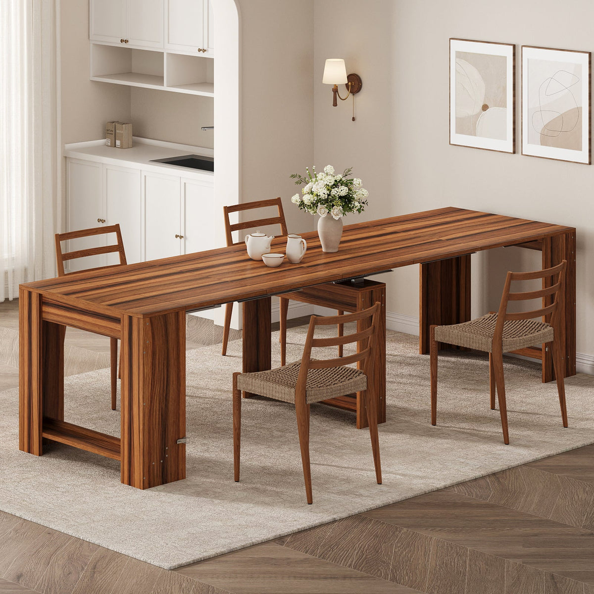 Extendable Dining Table for 2-12 People, Expandable Space-Saving Kitchen Table with Built-In Leaf Storage for Small Spaces - YanosakuTableUS-DT008-WA