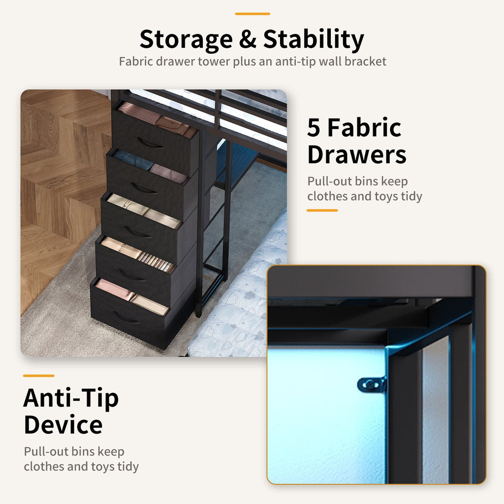 Full Over Full L-Shaped Metal Bunk Bed with Desk, LED Lights, Charging Station & Storage Drawers, Black - YanosakuUS-BF040-BK-T