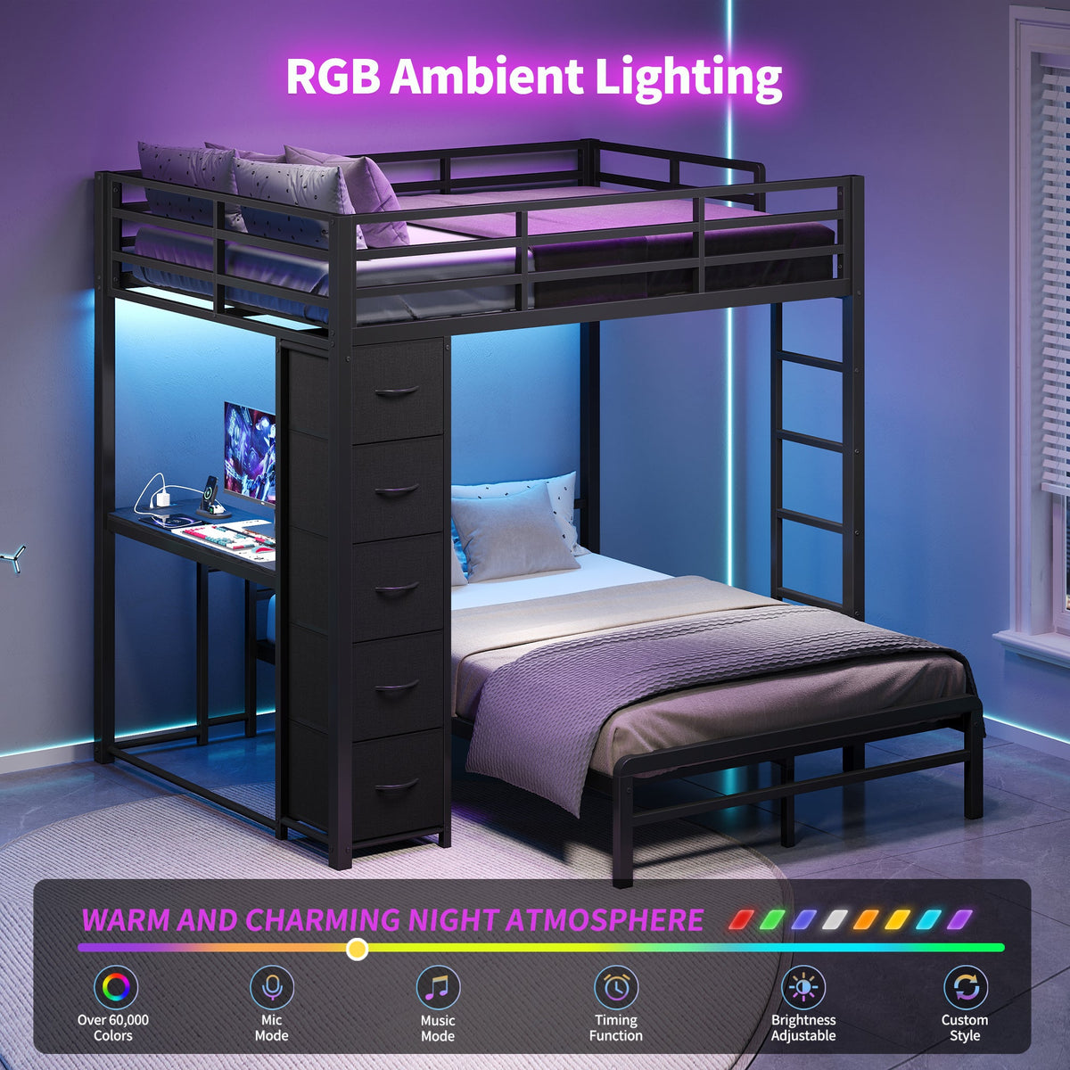 Full Over Full L-Shaped Metal Bunk Bed with Desk, LED Lights, Charging Station & Storage Drawers, Black - YanosakuUS-BF040-BK-T