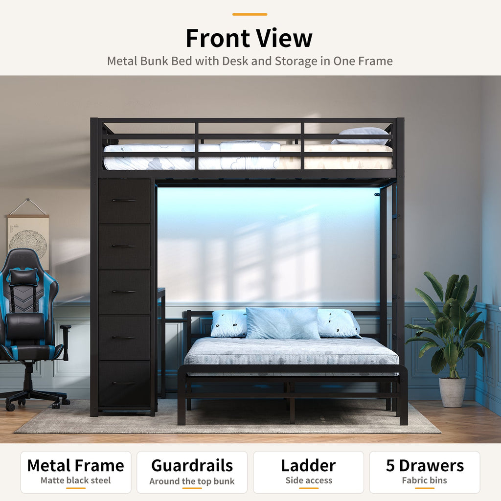 Full Over Full L-Shaped Metal Bunk Bed with Desk, LED Lights, Charging Station & Storage Drawers, Black - YanosakuUS-BF040-BK-T