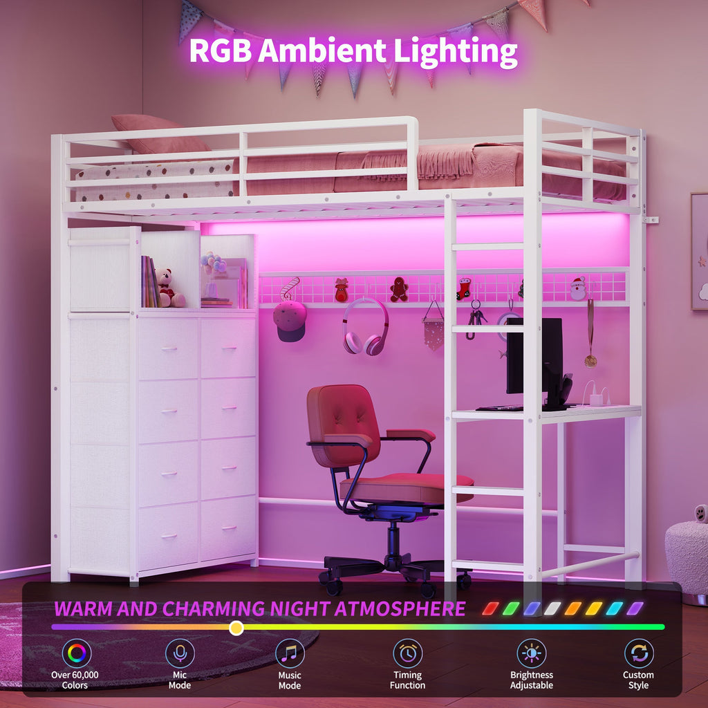 Full Size Metal Loft Bed with Desk, 8 Drawers, RGB LED Lights & Power Outlet, Storage Shelves, Hanging Rod, Storage Pockets and Grid Panel with 6 S-Hooks, White - YanosakuUS-SC030-BK-T