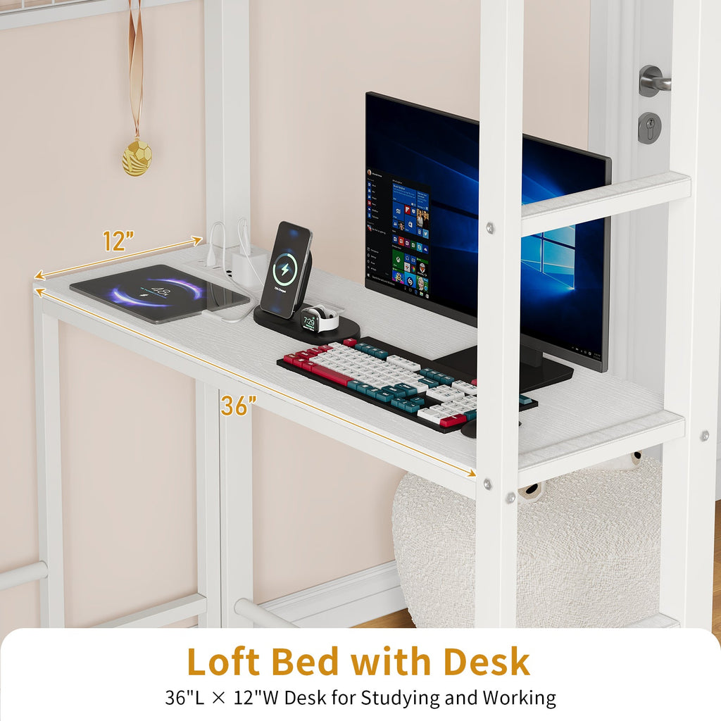 Full Size Metal Loft Bed with Desk, 8 Drawers, RGB LED Lights & Power Outlet, Storage Shelves, Hanging Rod, Storage Pockets and Grid Panel with 6 S-Hooks, White - YanosakuUS-SC030-BK-T