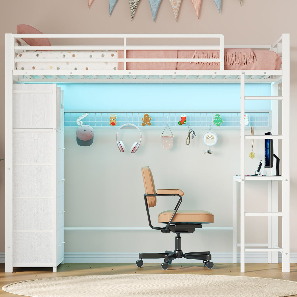 Full Size Metal Loft Bed with Desk, 8 Drawers, RGB LED Lights & Power Outlet, Storage Shelves, Hanging Rod, Storage Pockets and Grid Panel with 6 S-Hooks, White - YanosakuUS-SC030-WE-T