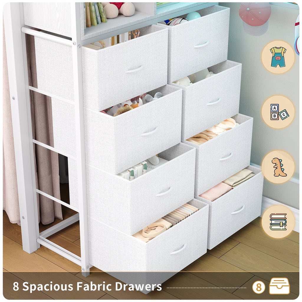 Full Size Metal Loft Bed with Desk, 8 Drawers, RGB LED Lights & Power Outlet, Storage Shelves, Hanging Rod, Storage Pockets and Grid Panel with 6 S-Hooks, White - YanosakuUS-SC030-BK-T