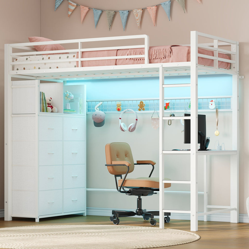 Full Size Metal Loft Bed with Desk, 8 Drawers, RGB LED Lights & Power Outlet, Storage Shelves, Hanging Rod, Storage Pockets and Grid Panel with 6 S-Hooks, White - YanosakuUS-SC030-BK-T
