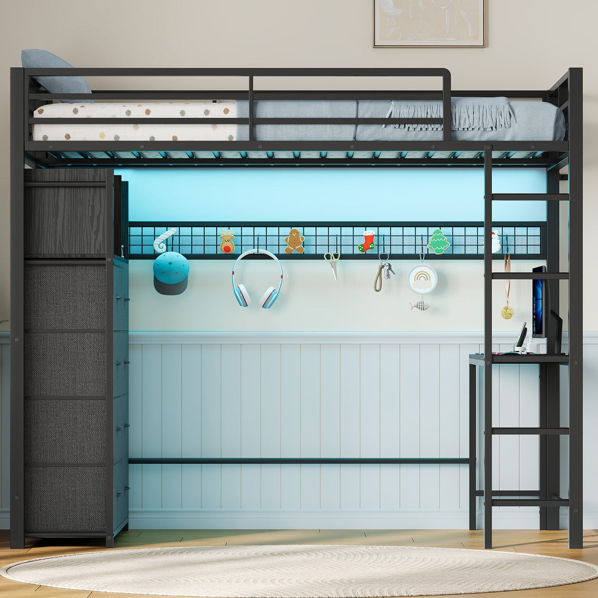 Full Size Metal Loft Bed with Desk, 8 Drawers, RGB LED Lights & Power Outlet, Storage Shelves, Hanging Rod, Storage Pockets and Grid Panel with 6 S-Hooks, White - YanosakuUS-SC030-BK-T