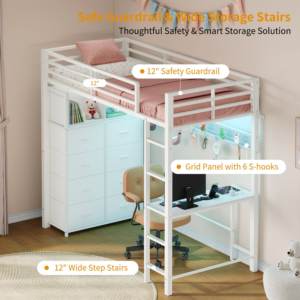 Full Size Metal Loft Bed with Desk, 8 Drawers, RGB LED Lights & Power Outlet, Storage Shelves, Hanging Rod, Storage Pockets and Grid Panel with 6 S-Hooks, White - YanosakuUS-SC030-BK-T