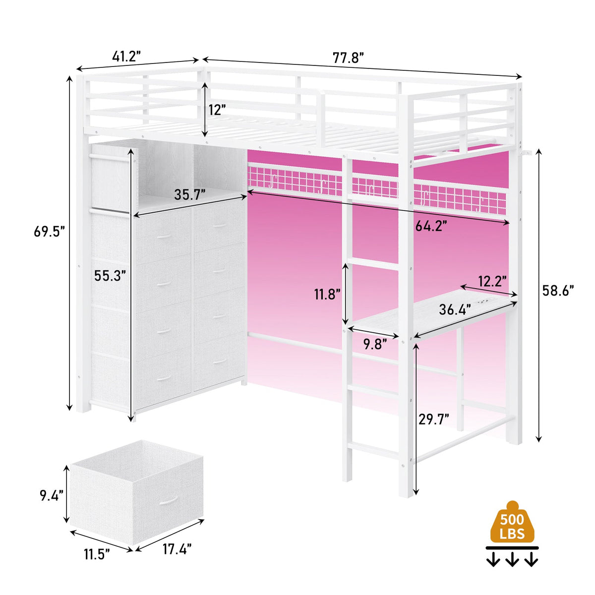 Full Size Metal Loft Bed with Desk, 8 Drawers, RGB LED Lights & Power Outlet, Storage Shelves, Hanging Rod, Storage Pockets and Grid Panel with 6 S-Hooks, White - YanosakuUS-SC030-BK-T
