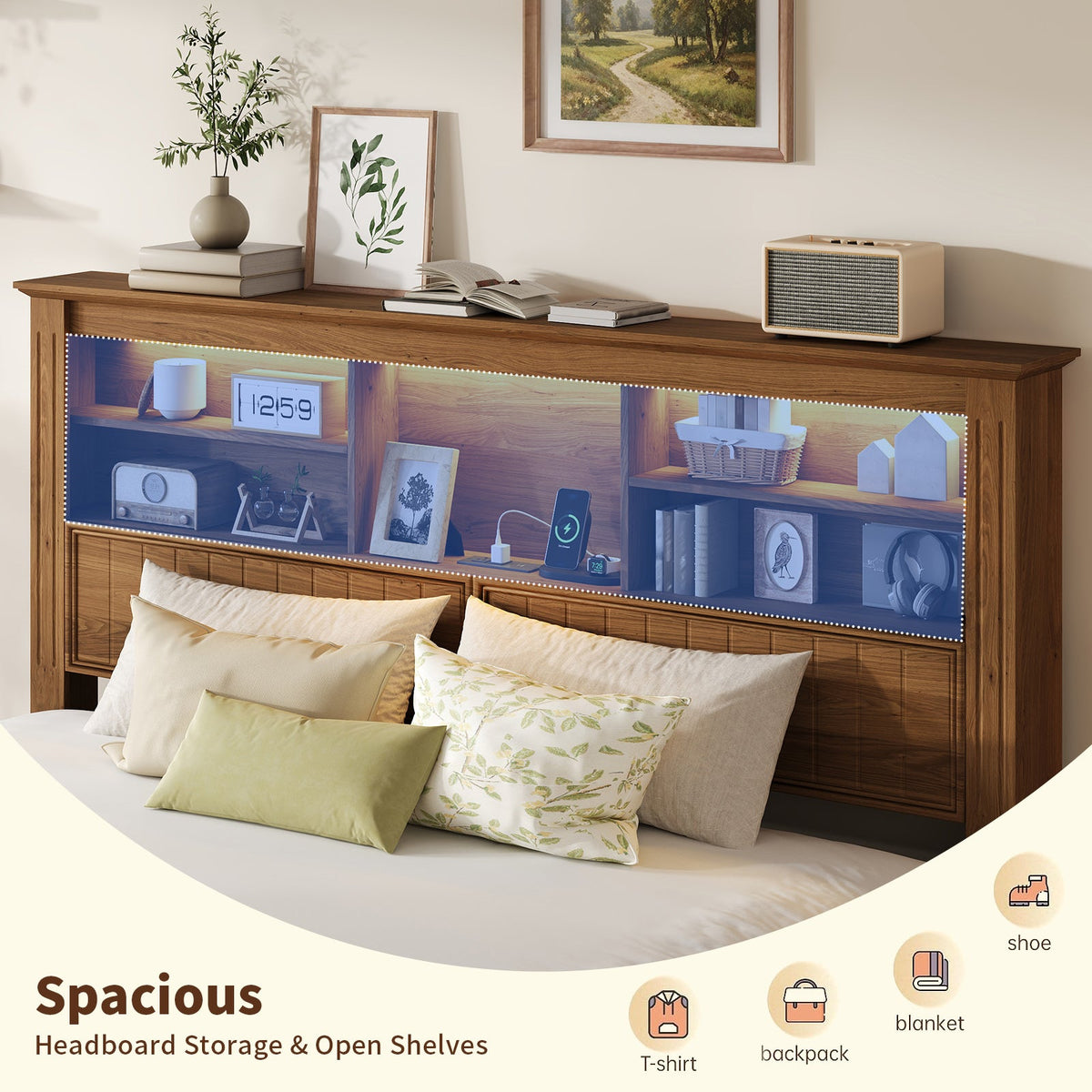King Size Platform Bed Frame with Storage Drawers, Fluted Headboard, LED Lights & Charging Station, Rustic Brown, No Box Spring Needed - YanosakuUS-BF033-BR-KING