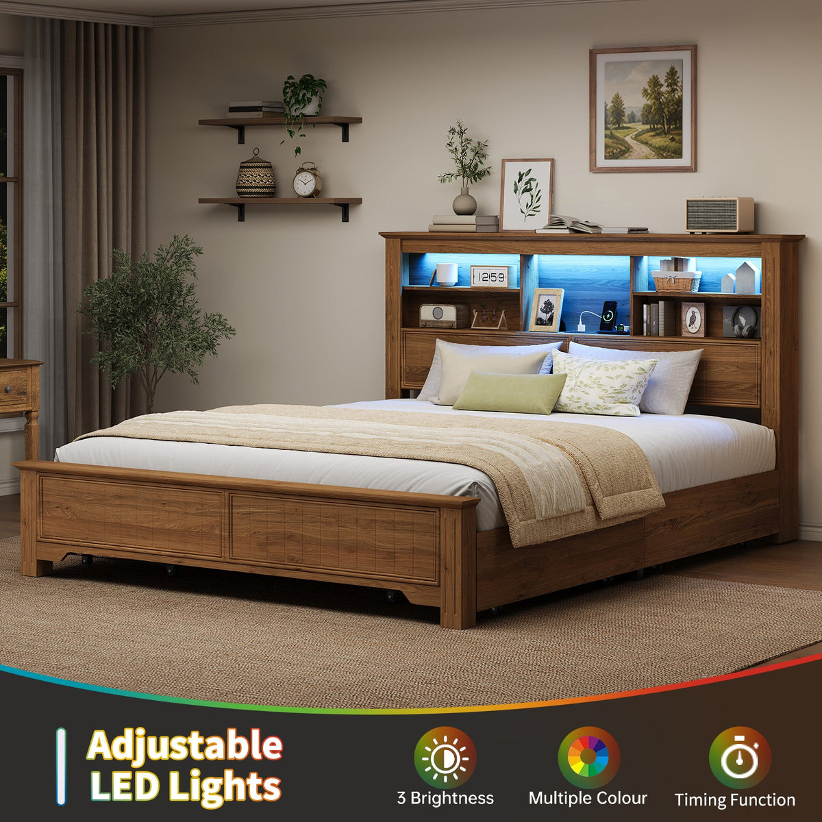 King Size Platform Bed Frame with Storage Drawers, Fluted Headboard, LED Lights & Charging Station, Rustic Brown, No Box Spring Needed - YanosakuUS-BF033-BR-KING