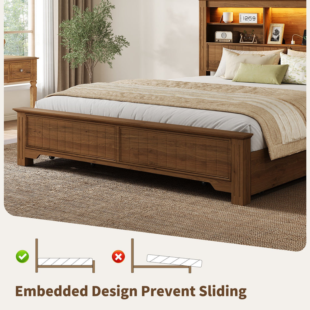 King Size Platform Bed Frame with Storage Drawers, Fluted Headboard, LED Lights & Charging Station, Rustic Brown, No Box Spring Needed - YanosakuUS-BF033-BR-KING