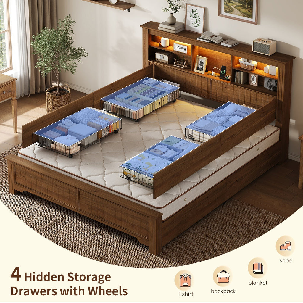 King Size Platform Bed Frame with Storage Drawers, Fluted Headboard, LED Lights & Charging Station, Rustic Brown, No Box Spring Needed - YanosakuUS-BF033-BR-KING