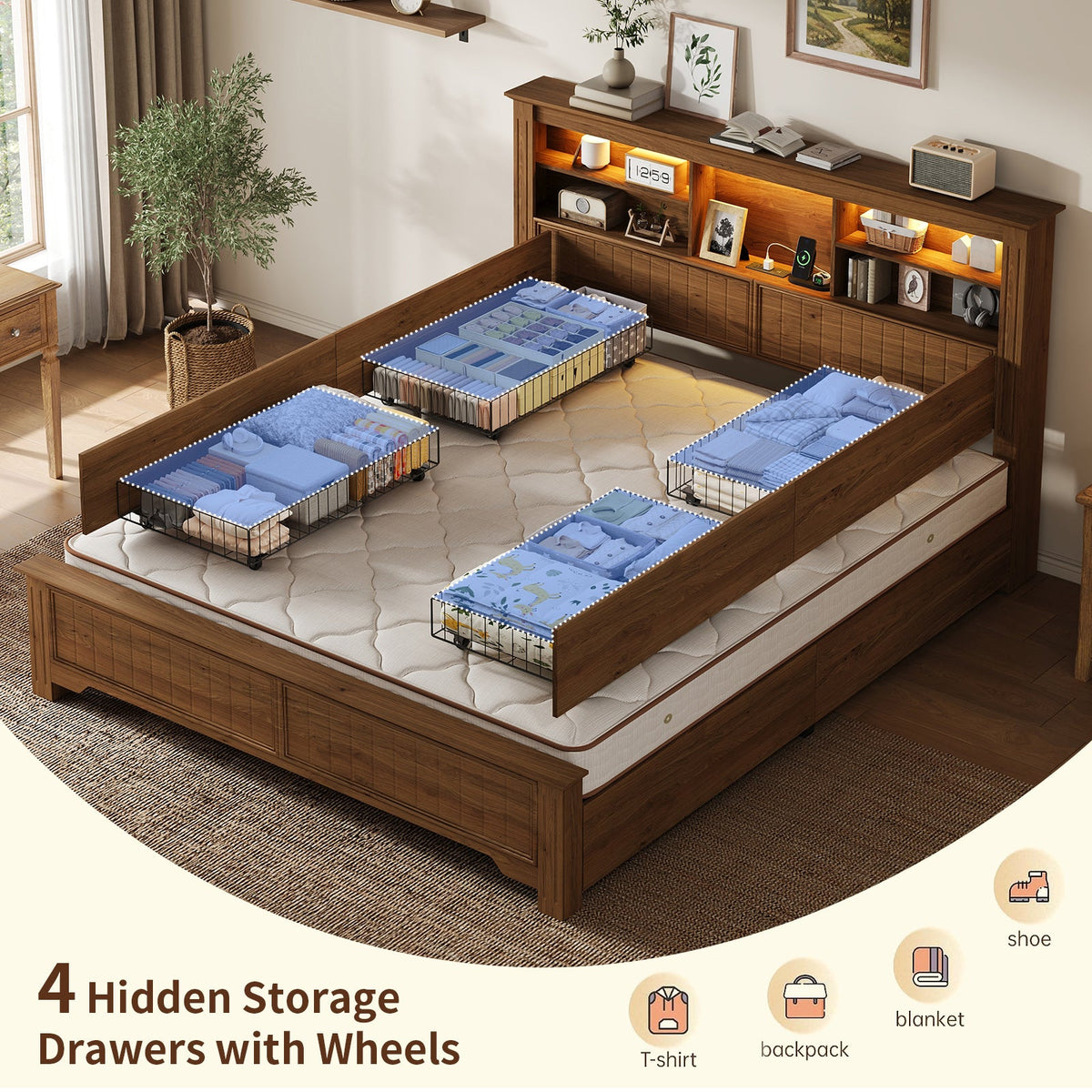 King Size Platform Bed Frame with Storage Drawers, Fluted Headboard, LED Lights & Charging Station, Rustic Brown, No Box Spring Needed - YanosakuUS-BF033-BR-KING