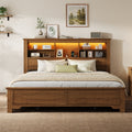 King Size Platform Bed Frame with Storage Drawers, Fluted Headboard, LED Lights & Charging Station, Rustic Brown, No Box Spring Needed - YanosakuUS-BF033-BR-KING