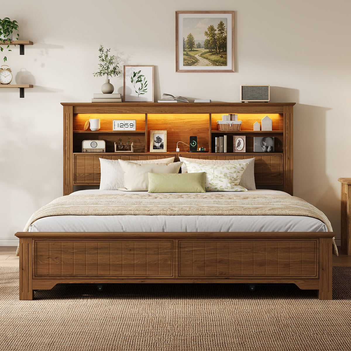 King Size Platform Bed Frame with Storage Drawers, Fluted Headboard, LED Lights & Charging Station, Rustic Brown, No Box Spring Needed - YanosakuUS-BF033-BR-KING