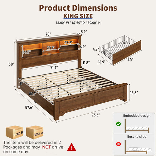 King Size Platform Bed Frame with Storage Drawers, Fluted Headboard, LED Lights & Charging Station, Rustic Brown, No Box Spring Needed - YanosakuUS-BF033-BR-KING
