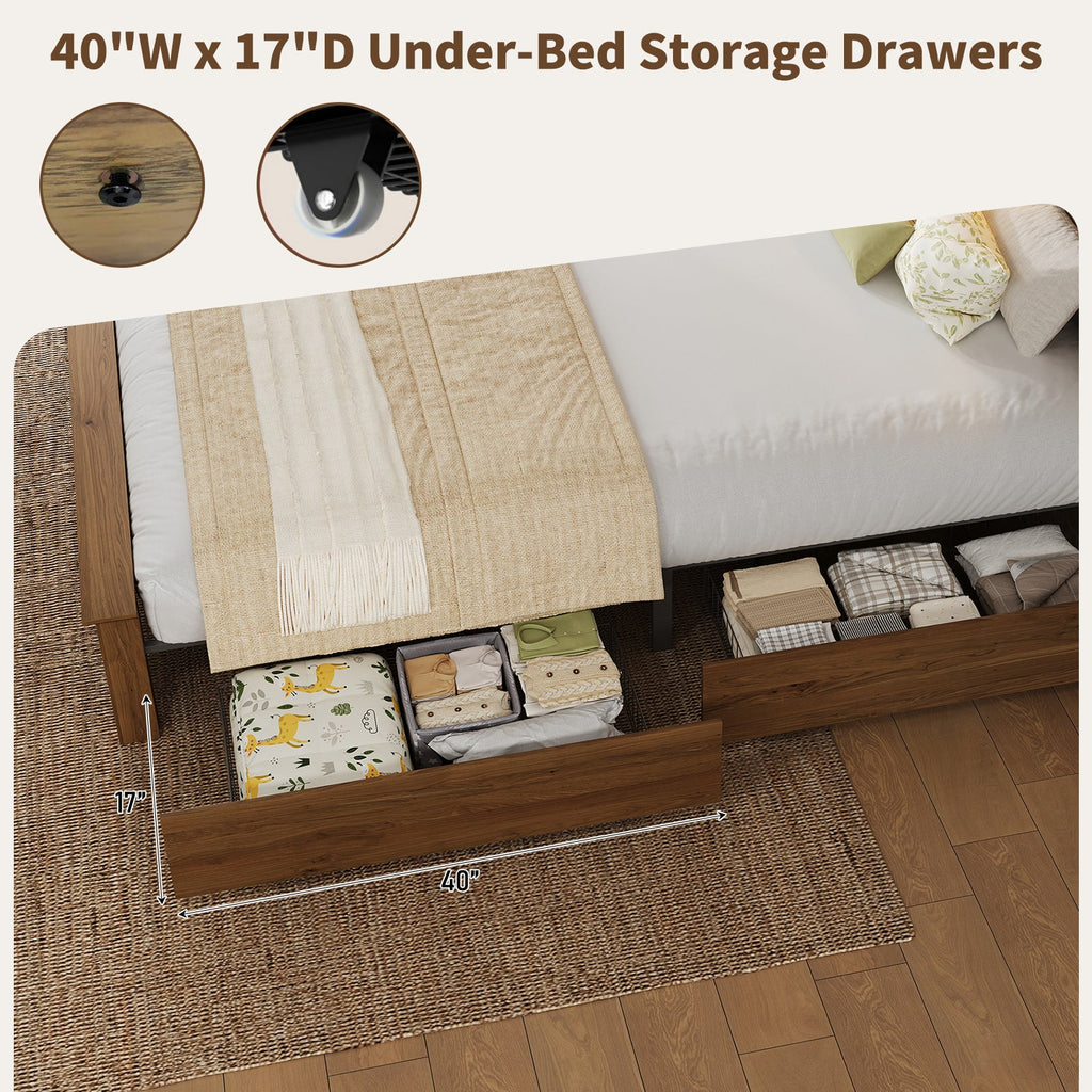 King Size Platform Bed Frame with Storage Drawers, Fluted Headboard, LED Lights & Charging Station, Rustic Brown, No Box Spring Needed - YanosakuUS-BF033-BR-KING