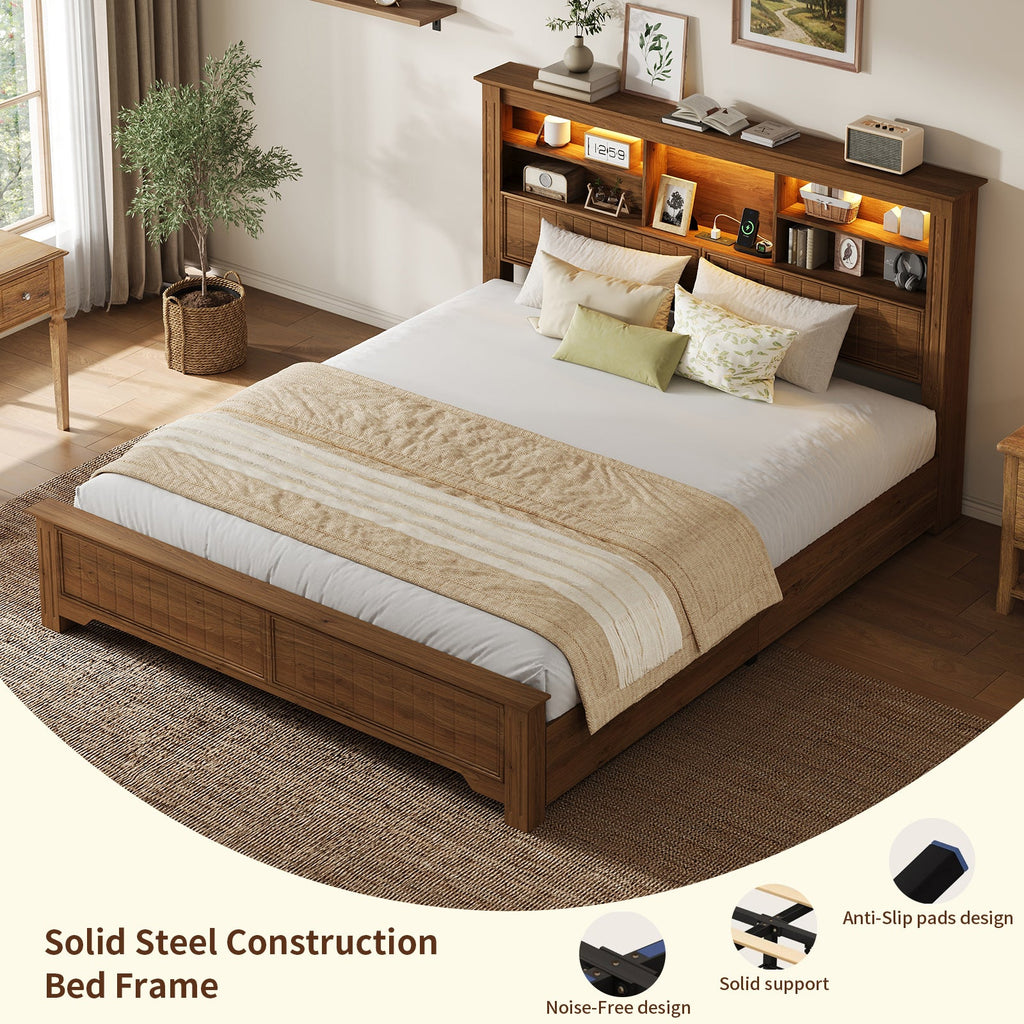 King Size Platform Bed Frame with Storage Drawers, Fluted Headboard, LED Lights & Charging Station, Rustic Brown, No Box Spring Needed - YanosakuUS-BF033-BR-KING